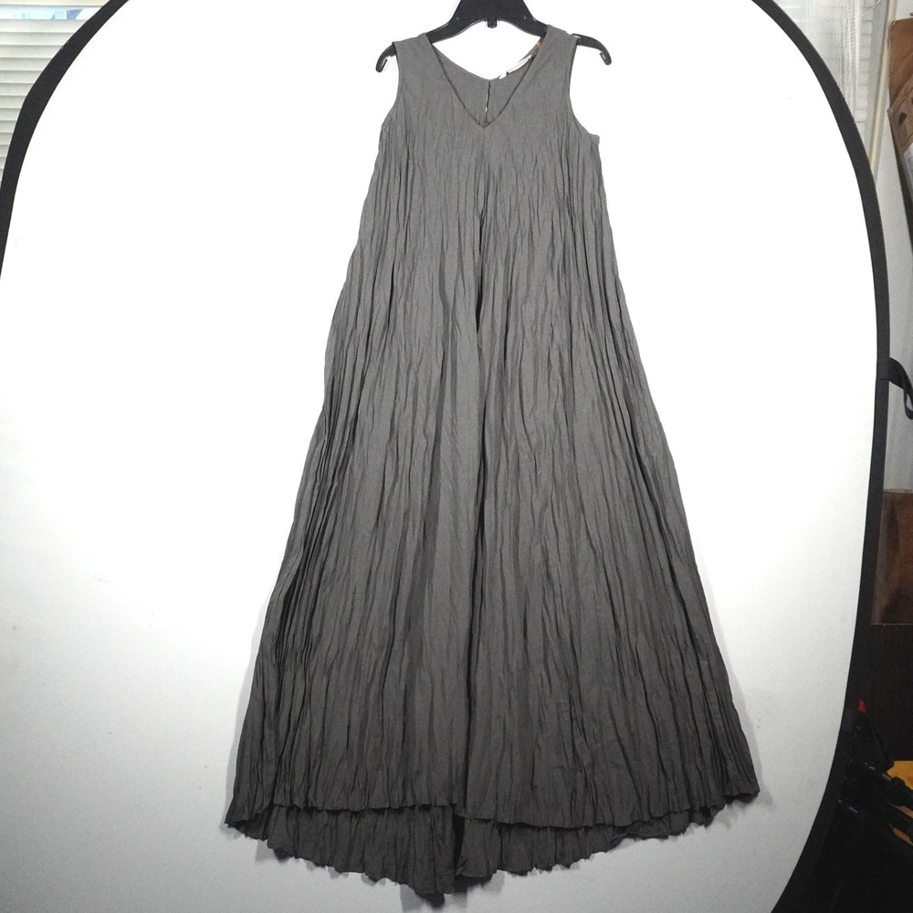 Soft Surroundings Maxi Dress Womens M Gray Crinkle V-Neck Lagenlook Boho 28572